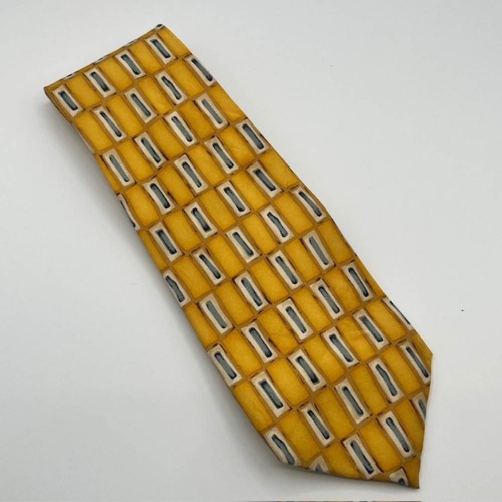 Perry Ellis Portfolio Mens Silk Tie Yellow Grey Geometric Block Pattern USA Made